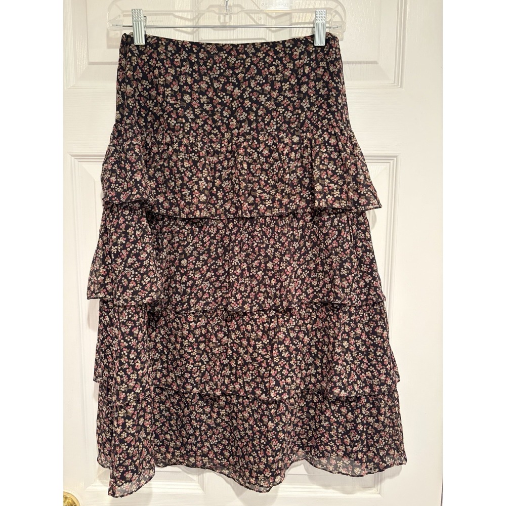 Tibi Silk Floral Tiered Ruffle Midi Skirt Womens 2 Black Pink Boho Luxe